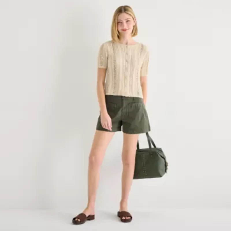 a.n.a Womens Crew Neck Short Sleeve Button Cardigan