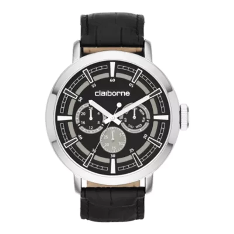Claiborne® Mens Black Leather Strap Multifunction Watch