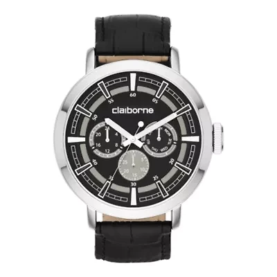 Claiborne® Mens Black Leather Strap Multifunction Watch