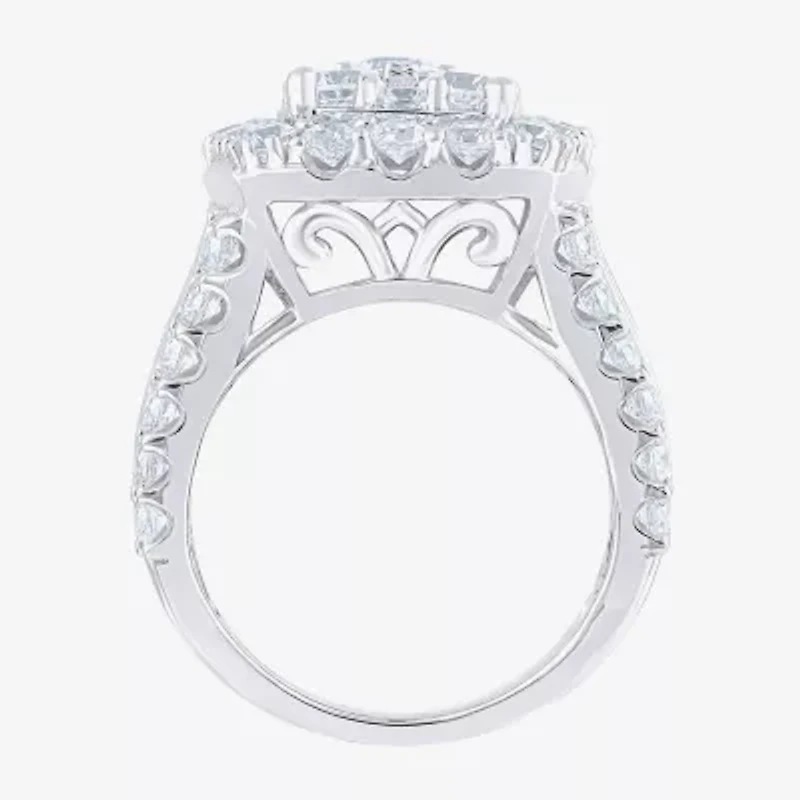 (G/Si2) Womens 4 CT. T.W. Lab Grown White Diamond 10K Gold Cushion Halo Side Stone Cocktail Ring