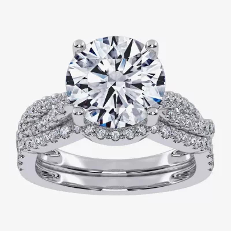 (G-H / Si1-Si2) Womens 3 1/2 CT. T.W Lab Grown White Diamond 14K Gold Round Side Stone Engagement Ring