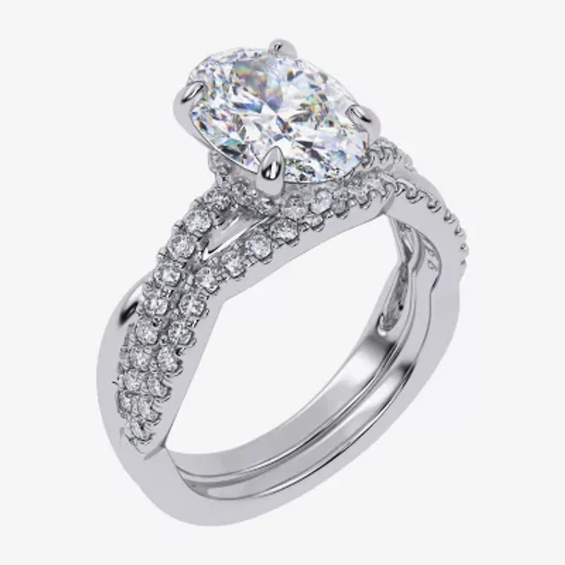 (G-H / Si1-Si2) Womens 2 1/2 CT. T.W. Lab Grown White Diamond 14K Gold Oval Side Stone Engagement Ring