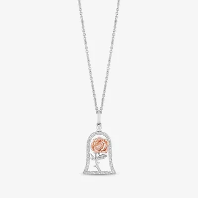 Enchanted Disney Fine Jewelry Womens 1/5 CT. Natural White Diamond 14K Rose Gold Over Silver Sterling Silver Flower 16 Inch Pendant Necklace