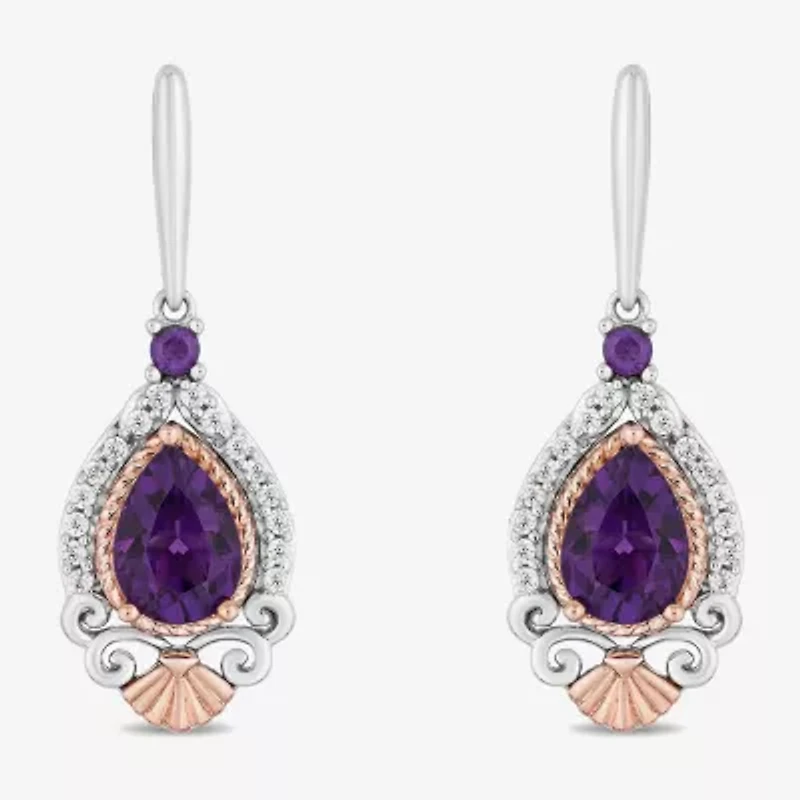 Enchanted Disney Fine Jewelry Womens 1/6 CT. T.W. Genuine Purple Amethyst 14K Rose Gold Sterling Silver Ariel Princess The Little Mermaid Drop Earrings