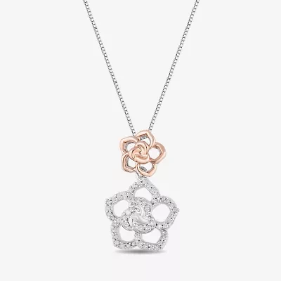 Enchanted Disney Fine Jewelry Womens 1/5 CT. Natural White Diamond 14K Rose Gold Over Silver Sterling Silver Flower 16 Inch Pendant Necklace
