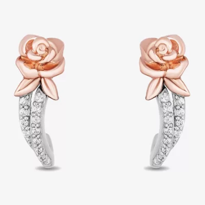 Enchanted Disney Fine Jewelry Womens 1/10 CT. T.W. Natural White Diamond 10K Rose Gold Sterling Silver 14.5mm Flower Beauty and the Beast Belle Princess Hoop Earrings