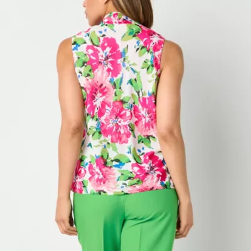Black Label by Evan-Picone Womens Split Tie Neck Sleeveless Blouse
