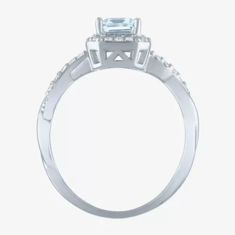 Womens Genuine Blue Aquamarine Sterling Silver Halo Side Stone Cocktail Ring