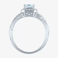 Womens Genuine Blue Aquamarine Sterling Silver Halo Side Stone Cocktail Ring