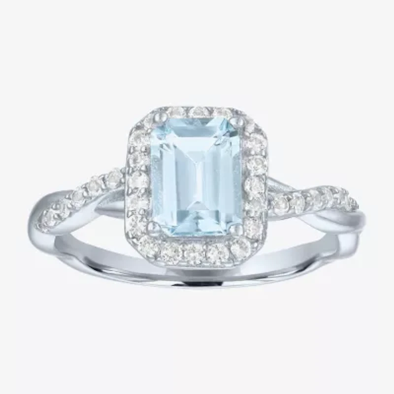 Womens Genuine Blue Aquamarine Sterling Silver Halo Side Stone Cocktail Ring