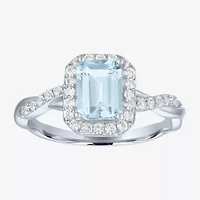 Womens Genuine Blue Aquamarine Sterling Silver Halo Side Stone Cocktail Ring