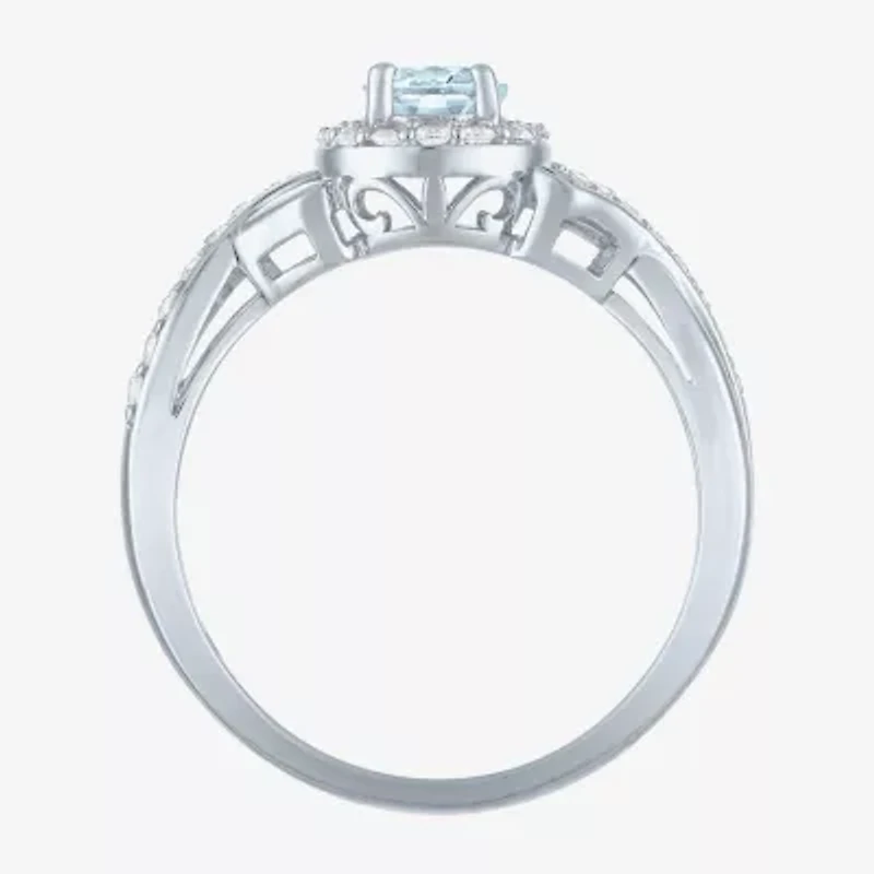 Womens Genuine Blue Aquamarine Sterling Silver Oval Halo Side Stone Cocktail Ring