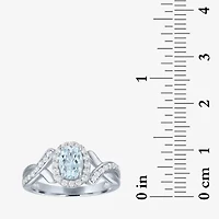 Womens Genuine Blue Aquamarine Sterling Silver Oval Halo Side Stone Cocktail Ring