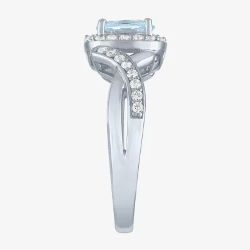 Womens Genuine Blue Aquamarine Sterling Silver Oval Halo Side Stone Cocktail Ring