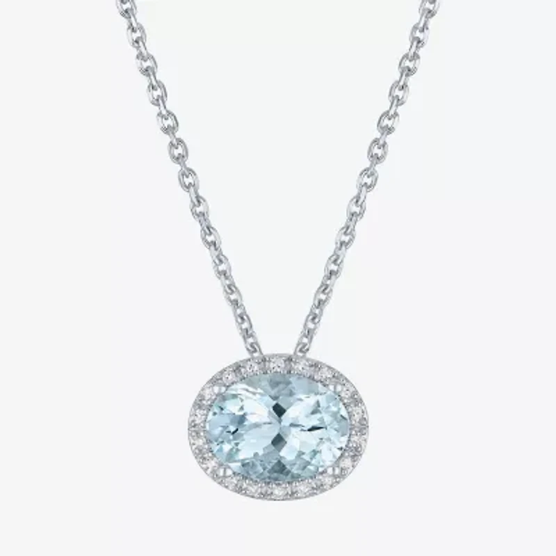 Womens Diamond Accent Genuine Blue Aquamarine Sterling Silver Oval 16 Inch Pendant Necklace