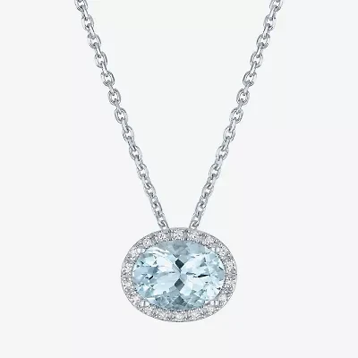 Womens Diamond Accent Genuine Blue Aquamarine Sterling Silver Oval 16 Inch Pendant Necklace