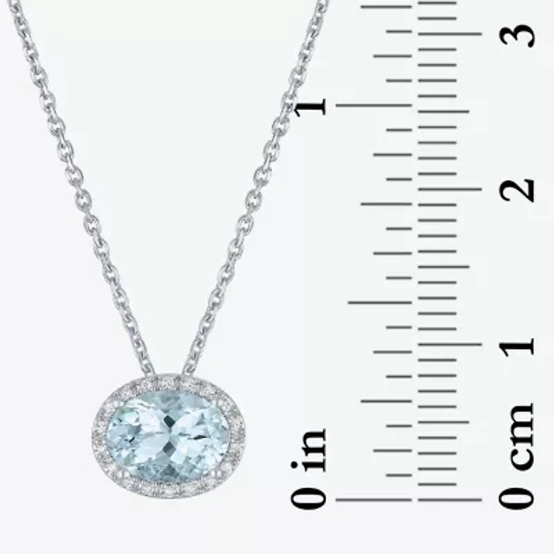Womens Diamond Accent Genuine Blue Aquamarine Sterling Silver Oval 16 Inch Pendant Necklace