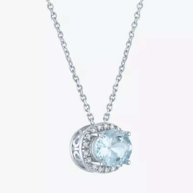 Womens Diamond Accent Genuine Blue Aquamarine Sterling Silver Oval 16 Inch Pendant Necklace