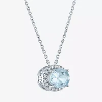 Womens Diamond Accent Genuine Blue Aquamarine Sterling Silver Oval 16 Inch Pendant Necklace