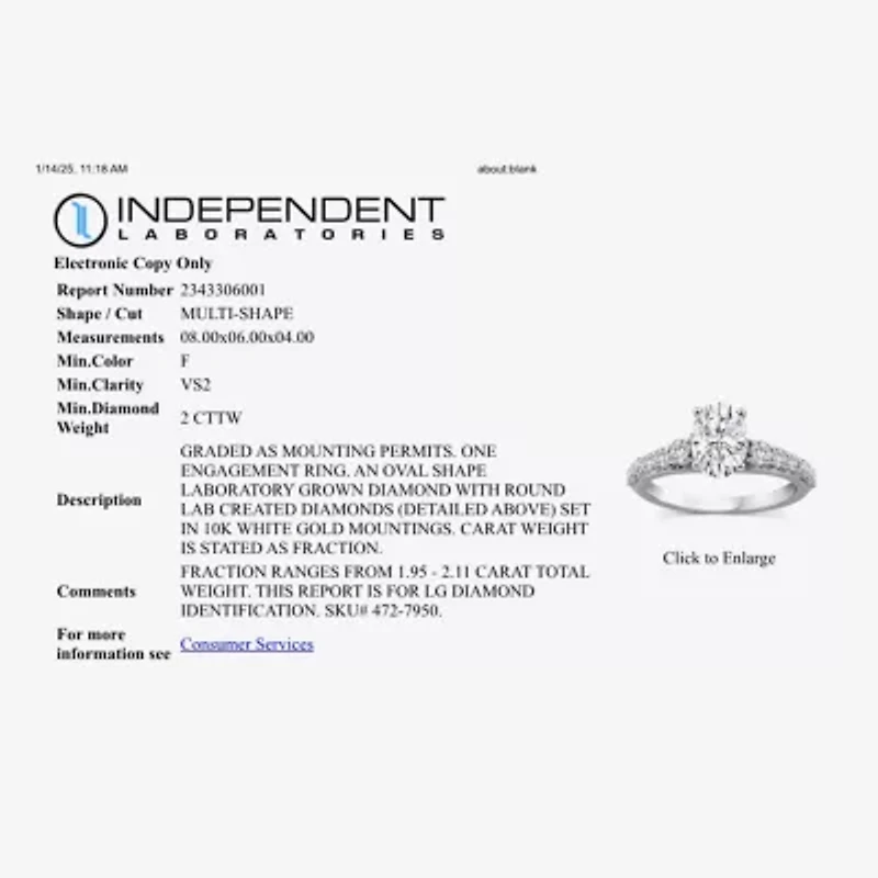 (F / Vs2) Womens 2 CT. T.W. Lab Grown White Diamond 10K Gold Oval Side Stone Engagement Ring