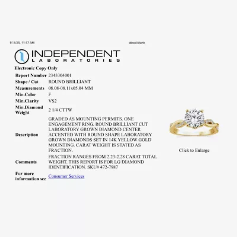 (F / Vs2) Womens 2 1/4 CT. T.W. Lab Grown White Diamond 14K Gold Round Side Stone Engagement Ring