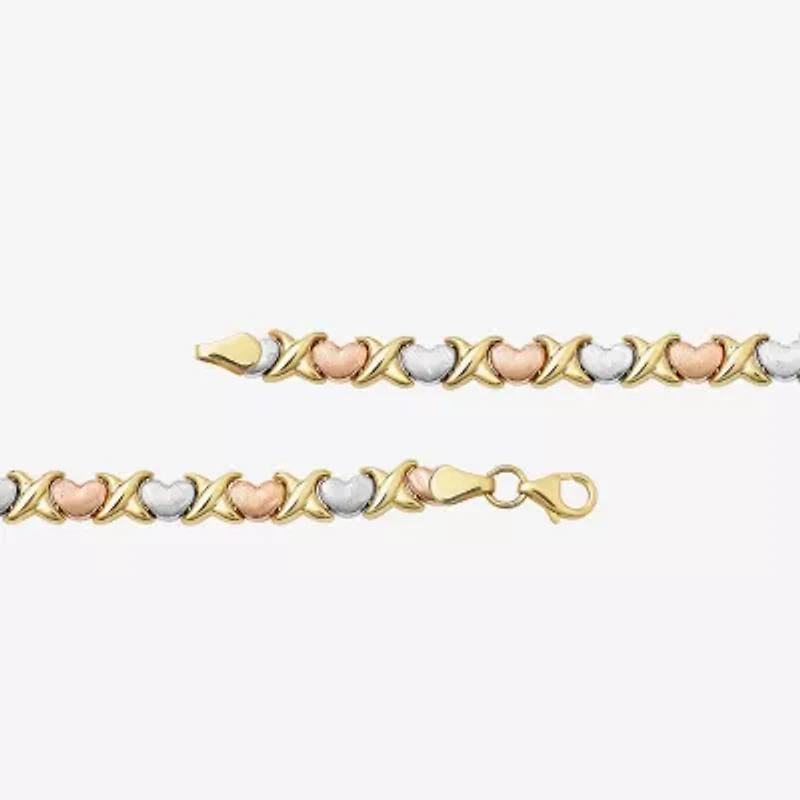 "Hearts & Kisses" Womens 10K Tri-Color Gold Hollow Heart 7.25 Inch Link Bracelet