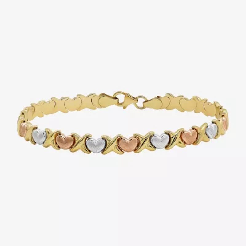 "Hearts & Kisses" Womens 10K Tri-Color Gold Hollow Heart 7.25 Inch Link Bracelet