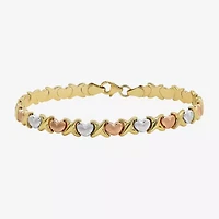 "Hearts & Kisses" Womens 10K Tri-Color Gold Hollow Heart 7.25 Inch Link Bracelet
