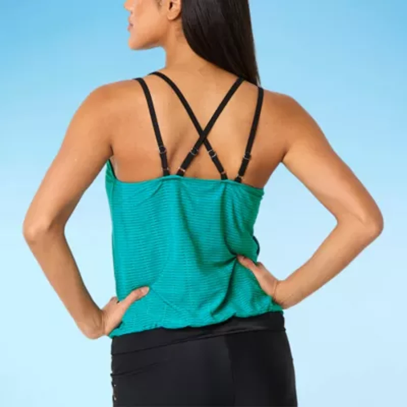 Free Country Womens Built In Bra Stretch Fabric Tankini Swimsuit Top