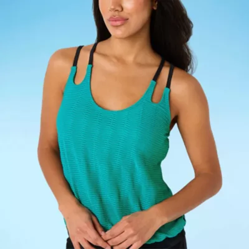 Free Country Womens Built In Bra Stretch Fabric Tankini Swimsuit Top