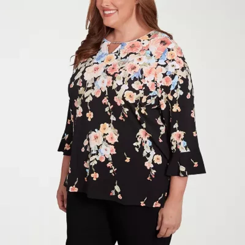 Alfred Dunner Classics Womens Plus Crew Neck 3/4 Sleeve T-Shirt