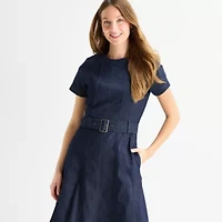 Liz Claiborne Womens Short Sleeve Midi A-Line Dress