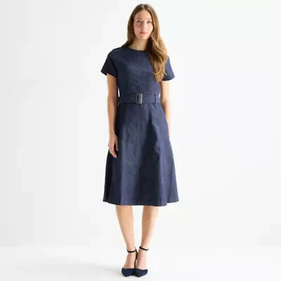 Liz Claiborne Womens Short Sleeve Midi A-Line Dress