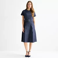 Liz Claiborne Womens Short Sleeve Midi A-Line Dress