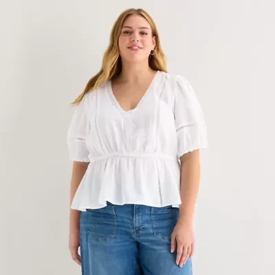 a.n.a Womens Plus V Neck Short Sleeve Blouse