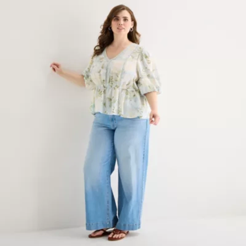 a.n.a Womens Plus V Neck Short Sleeve Blouse