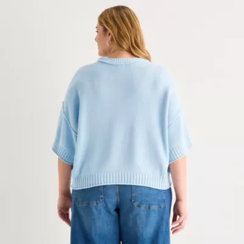 a.n.a Womens Plus Crew Neck Short Sleeve Pullover Sweater
