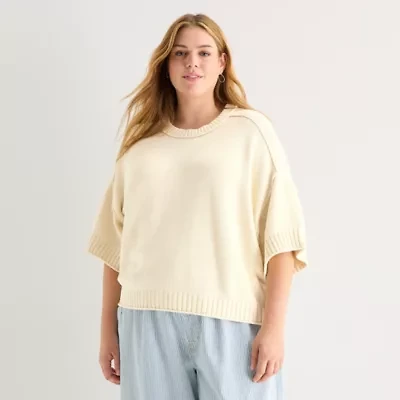 a.n.a Plus Womens Crew Neck Short Sleeve Pullover Sweater