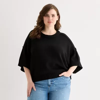 a.n.a Plus Womens Crew Neck Short Sleeve Pullover Sweater