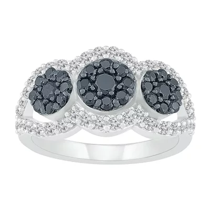 Womens 1 CT. T.W. Natural Black Diamond Sterling Silver Round Halo Cocktail Ring