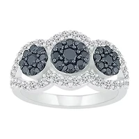 Womens 1 CT. T.W. Natural Black Diamond Sterling Silver Round Halo Cocktail Ring