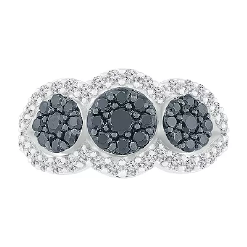 Womens 1 CT. T.W. Natural Black Diamond Sterling Silver Round Halo Cocktail Ring