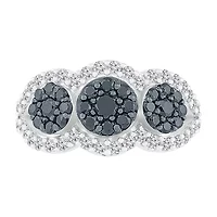 Womens 1 CT. T.W. Natural Black Diamond Sterling Silver Round Halo Cocktail Ring