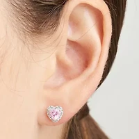 Lab Grown Pink Sapphire & 1/5 CT. T.W. Lab Grown White Diamond 18K Rose Gold Over Silver 8mm Heart Stud Earrings