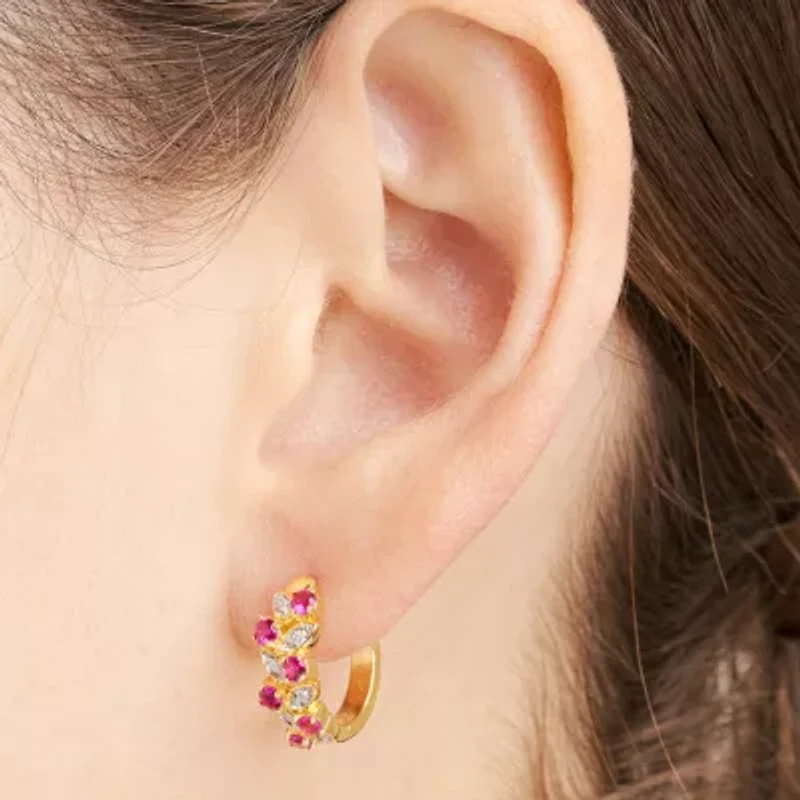 Lab Grown Red Ruby & 1/10 CT. T.W. Lab Grown White Diamond 18K Gold Over Silver 16.5mm Hoop Earrings