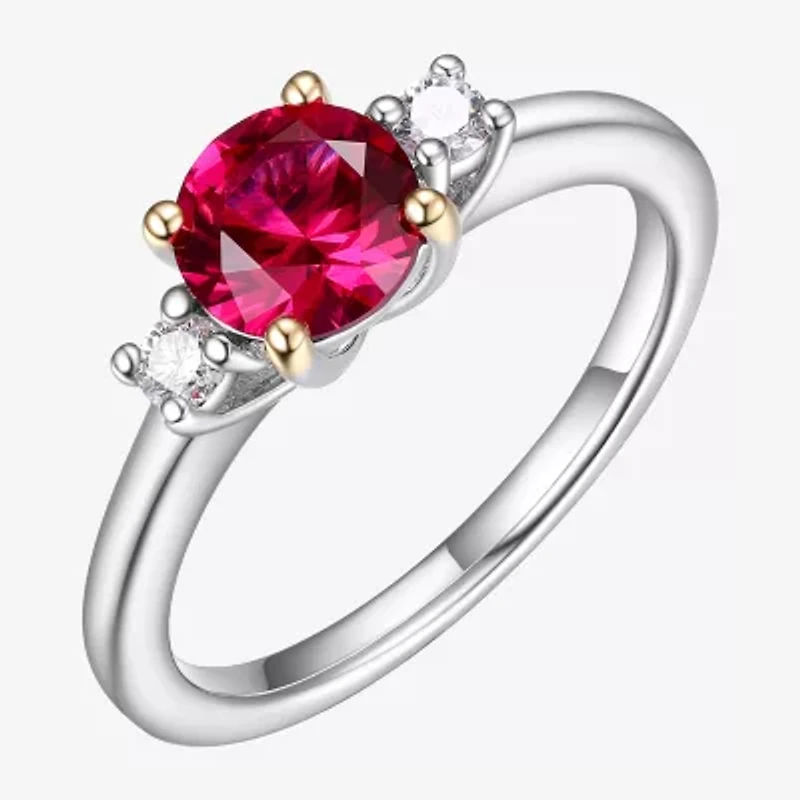 Womens Lab Grown Red Ruby & 1/7 CT. T.W. Lab Grown White Diamond Sterling Silver 3-Stone Cocktail Ring