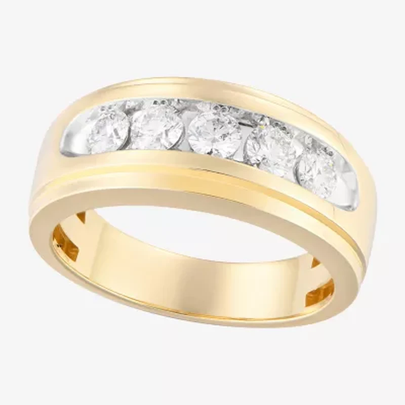 (F / Vs2) Mens 9.5MM 1 CT. T.W. Lab Grown White Diamond 14K Gold 5-Stone Wedding Band