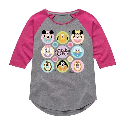 Disney Collection Little & Big Kid Girls Crew Neck 3/4 Sleeve Regular Fit Mickey and Friends Graphic T-Shirt