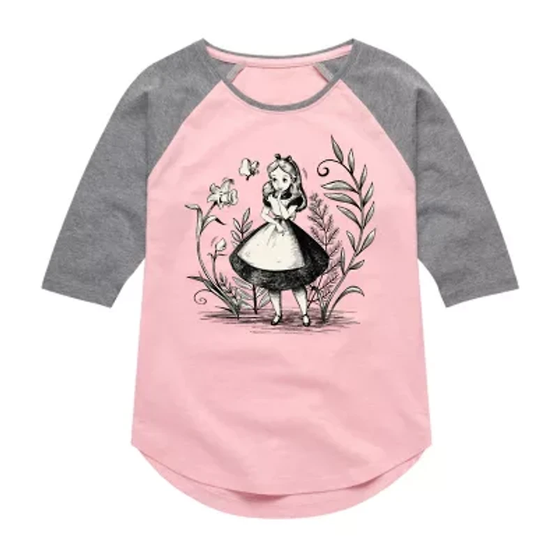 Disney Collection Little & Big Kid Girls Crew Neck 3/4 Sleeve Regular Fit Alice Wonderland Graphic T-Shirt