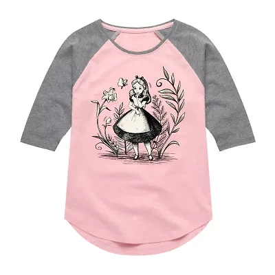 Disney Collection Little & Big Kid Girls Crew Neck 3/4 Sleeve Regular Fit Alice Wonderland Graphic T-Shirt